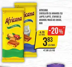 Mega Image AFRICANA Ciocolată cu arahide/cu lapte/lapte, stafide și arahide/nucă de cocos Ofertă