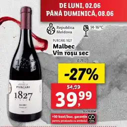Lidl PURCARI 1827 Malbec Vin rosu sec Ofertă