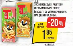 Mega Image Tedi suc de morcovi și fructe cu miere/morcovi și fructe, îmbogăţit cu vitamine/morcovi, mar şi zmeură Ofertă