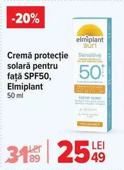 Carrefour Cremă protecție solară pentru față SPF50, Elmiplant Ofertă