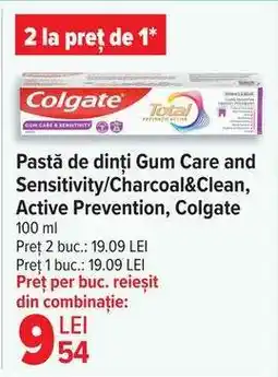 Carrefour Pastă de dinți Gum Care and Sensitivity/Charcoal&Clean, Active Prevention, Colgate Ofertă