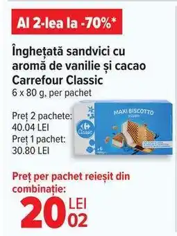 Carrefour Înghețată sandvici cu aromă de vanilie și cacao Carrefour Classic Ofertă