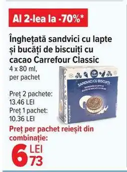 Carrefour Înghețată sandvici cu lapte și bucăți de biscuiți cu cacao Carrefour Classic Ofertă