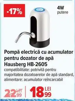 Carrefour Pompa electrică cu acumulator pentru dozator de apă Hausberg HB-2605 Ofertă
