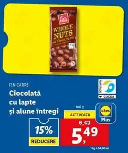 Lidl FIN CARRÉ Ciocolată cu lapte și alune întregi Ofertă