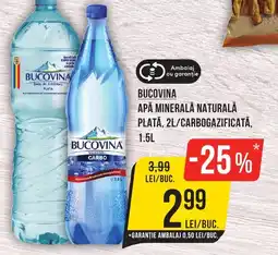 Mega Image Bucovina apă minerală naturală plată, 2l/carbogazificată Ofertă