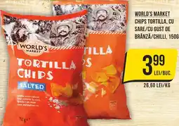 Mega Image World's market chips tortilla, cu sare/cu gust de brânză/chilli Ofertă
