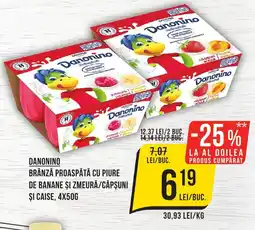 Mega Image Danonino brânză proaspătă cu piure de banane şi zmeură/căpşuni și caise Ofertă