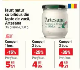 Carrefour laurt natur cu bifidus din lapte de vacǎ, Artesana Ofertă