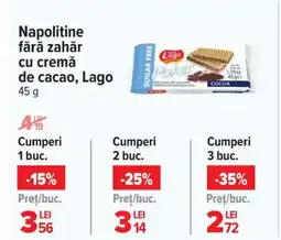 Carrefour Napolitine fără zahăr cu cremă de cacao, Lago Ofertă