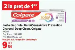 Carrefour Pastă dinți Total Gum&Sens/Active Prevention Charcoal Deep Clean, Colgate Ofertă