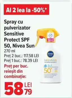 Carrefour Spray cu pulverizator Sensitive Protect SPF 50, Nivea Sun Ofertă
