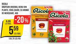 Mega Image RICOLA Dropsuri original herb/din plante, fără zahar, cu aroma de merișoare Ofertă