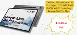 Media Galaxy Tableta LENOVO Idea Tab Pro Paper, 12.7", 8GB RAM, 128GB, Wi-Fi, Luna Grey + Lenovo Tab Pen Plus Ofertă