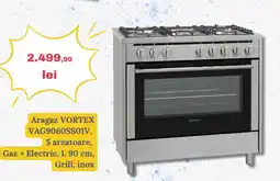 Media Galaxy Aragaz VORTEX VAG9060SS01V, 5 arzatoare, Gaz + Electric, L 90 cm, Grill, inox Ofertă