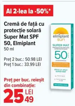 Carrefour Cremă de faţă cu protecție solară Super Mat SPF 50, Elmiplant Ofertă