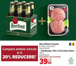 Carrefour Market Bere Pilsner Urquell + Hamburger vită x 2 Carrefour Extra Ofertă