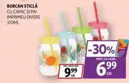 Auchan Borcan sticlă cu capac și pai imprimeu divers Ofertă