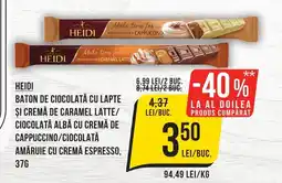 Mega Image HEIDI Baton de ciocolată cu lapte şi cremă de caramel latte/ ciocolată albă cu cremă de cappuccino Ofertă