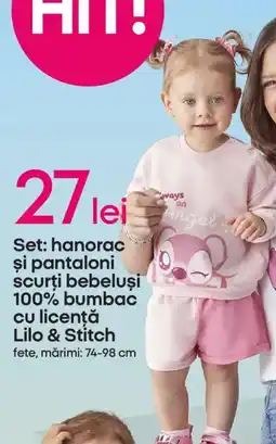 Pepco Set: hanorac şi pantaloni scurţi bebeluşi 100% bumbac cu licenţă Lilo & Stitch Ofertă