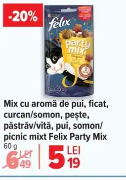 Carrefour Mix cu aromă de pui, ficat, curcan/somon, pește, păstrăv/vită, pui, somon/ picnic mixt Felix Party Mix Ofertă