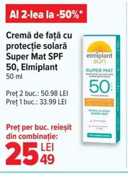 Carrefour Cremă de faţă cu protecție solară Super Mat SPF 50, Elmiplant Ofertă
