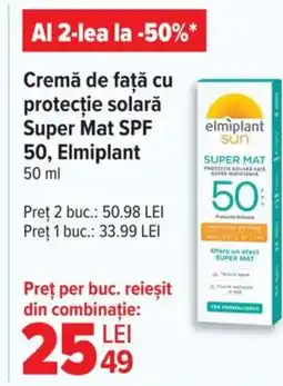 Carrefour Cremă de faţă cu protecție solară Super Mat SPF 50, Elmiplant Ofertă