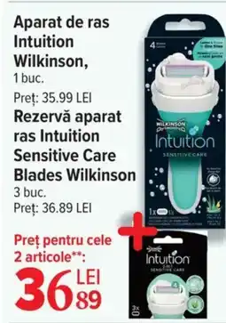 Carrefour Aparat de ras Intuition Wilkinson, + Rezervă aparat ras Intuition Sensitive Care Blades Wilkinson Ofertă