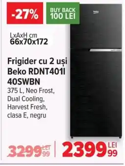 Carrefour Frigider cu 2 uşi Beko RDNT4011 40SWBN Ofertă