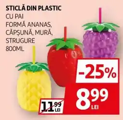 Auchan Sticlă din plastic cu pai formă ananas, căpşună, mură, strugure Ofertă