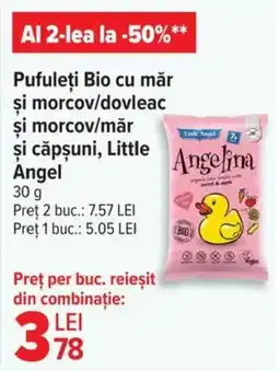 Carrefour Pufuleți Bio cu măr şi morcov/dovleac şi morcov/măr şi căpşuni, Little Angel Ofertă