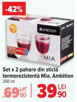 Carrefour Set x 2 pahare din sticlă termorezistentă Mia, Ambition Ofertă