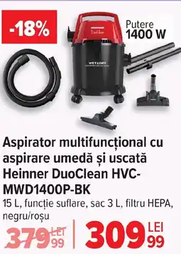 Carrefour Aspirator multifuncţional cu aspirare umedă şi uscată Heinner DuoClean HVC- MWD1400P-BK Ofertă