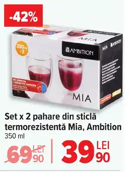 Carrefour Set x 2 pahare din sticlă termorezistentă Mia, Ambition Ofertă