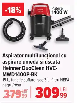 Carrefour Aspirator multifuncţional cu aspirare umedă și uscată Heinner DuoClean HVC- MWD1400P-BK Ofertă