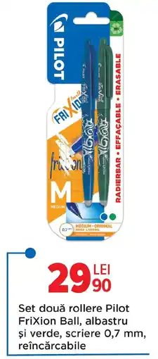 Carrefour Set două rollere Pilot Frixion Ball, albastru şi verde, scriere 0,7 mm, reîncărcabile Ofertă