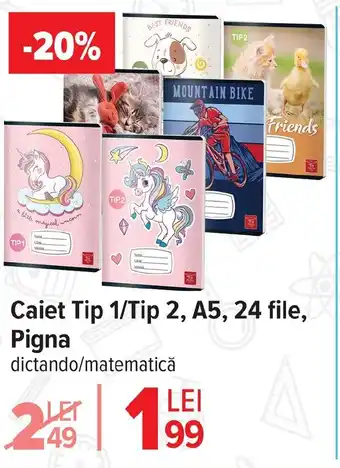 Carrefour Caiet Tip 1/Tip 2, A5, 24 file, Pigna Ofertă