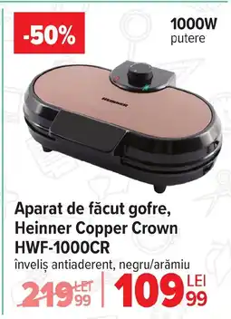 Carrefour Aparat de făcut gofre, Heinner Copper Crown HWF-1000CR Ofertă