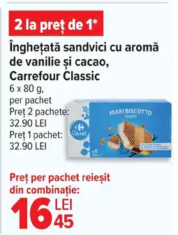 Carrefour înghețată sandvici cu aromă de vanilie și cacao, Carrefour Classic Ofertă