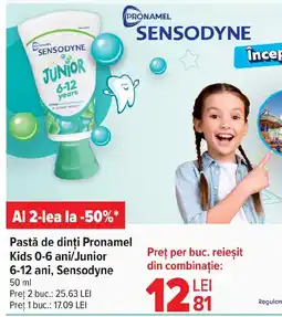 Carrefour Pastă de dinți Pronamel Kids 0-6 ani/Junior 6-12 ani, Sensodyne Ofertă