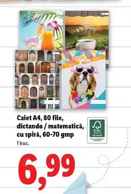Lidl Caiet A4, 80 file, dictando/matematică, cu spiră, 60-70 gmp Ofertă