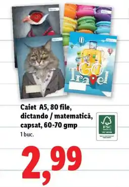 Lidl Caiet A5, 80 file, dictando/matematică, capsat, 60-70 gmp Ofertă