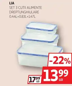 Auchan Lia set 3 cutii alimente dreptunghiulare Ofertă