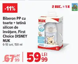 Carrefour Biberon PP cu toarte + tetinǎ silicon de învăţare, First Choice DISNEY Ofertă