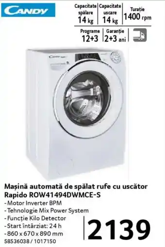Selgros CANDY Mașină automată de spălat rufe cu uscător Rapido ROW41494DWMCE-S Ofertă