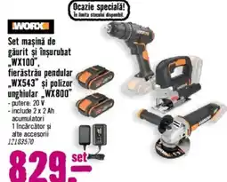 Hornbach WORX Set maşină de găurit şi înşurubat WX100", fierăstrău pendular „WX543" şi polizor unghiular „WX800" Ofertă