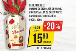 Mega Image Heidi bouquete praline de ciocolată cu alune/ ciocolată albă cu cafea white cappuccino/ciocolată cu cocos Ofertă