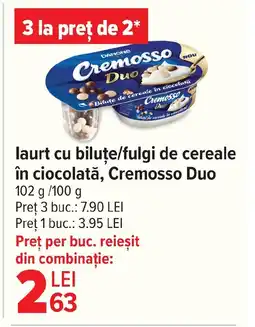 Carrefour laurt cu bilute/fulgi de cereale în ciocolată, Cremosso Duo Ofertă