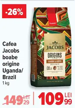 Carrefour Cafea Jacobs boabe origine Uganda/ Brazil Ofertă
