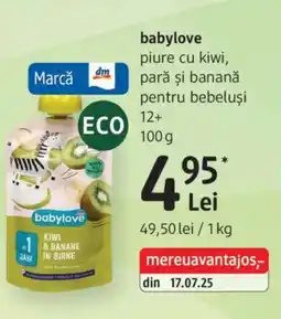 DM Babylove piure cu kiwi, pară şi banană pentru bebeluşi 12+ Ofertă